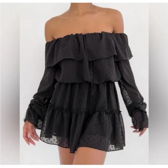 Rumored Senorita Mini Dress Black Off the Shoulder Sheer Witchy Fairy Grunge - Picture 3 of 16